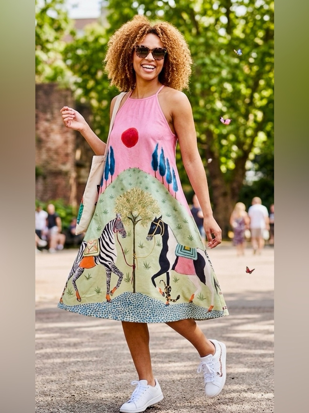 Unique Whimsical Art Print Halter Dress - Zebra & Horse Motif